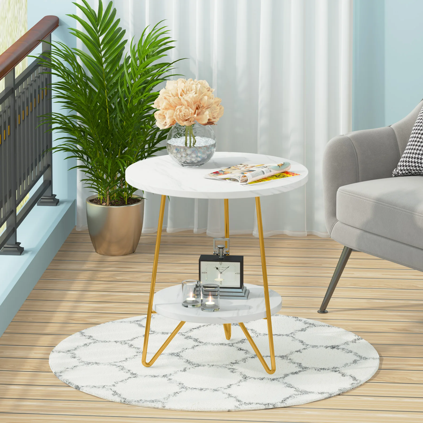 Tribesigns Faux Marble End Table 2 Tier Round Side Table with Shelves Modern Nightstand Bedside Table Small Coffee Side Table C Shaped End Table For Couch Bed Tv Tray For Eating On Couch Small End Tables Small Spaces Easy Assembly