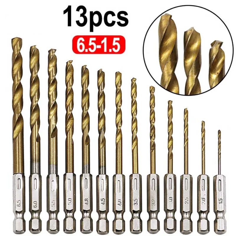 

Quality 13Pcs 1/4 Hex Shank 1.5-6.5mm Drill Bits HSS High Speed Steel Titanium Coated Drill Bit Set Power Tools Accessories