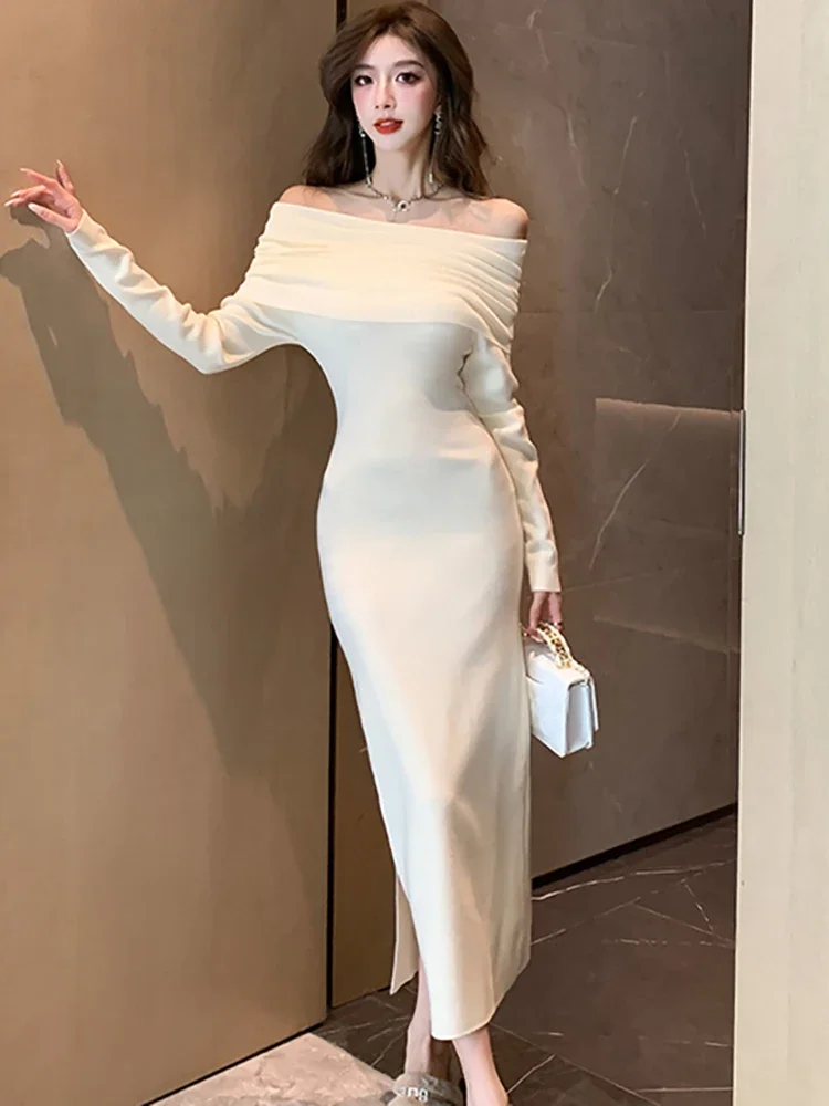 White Long Sleeve Bodycon Maxi Dress Winter White Bodycon Dress