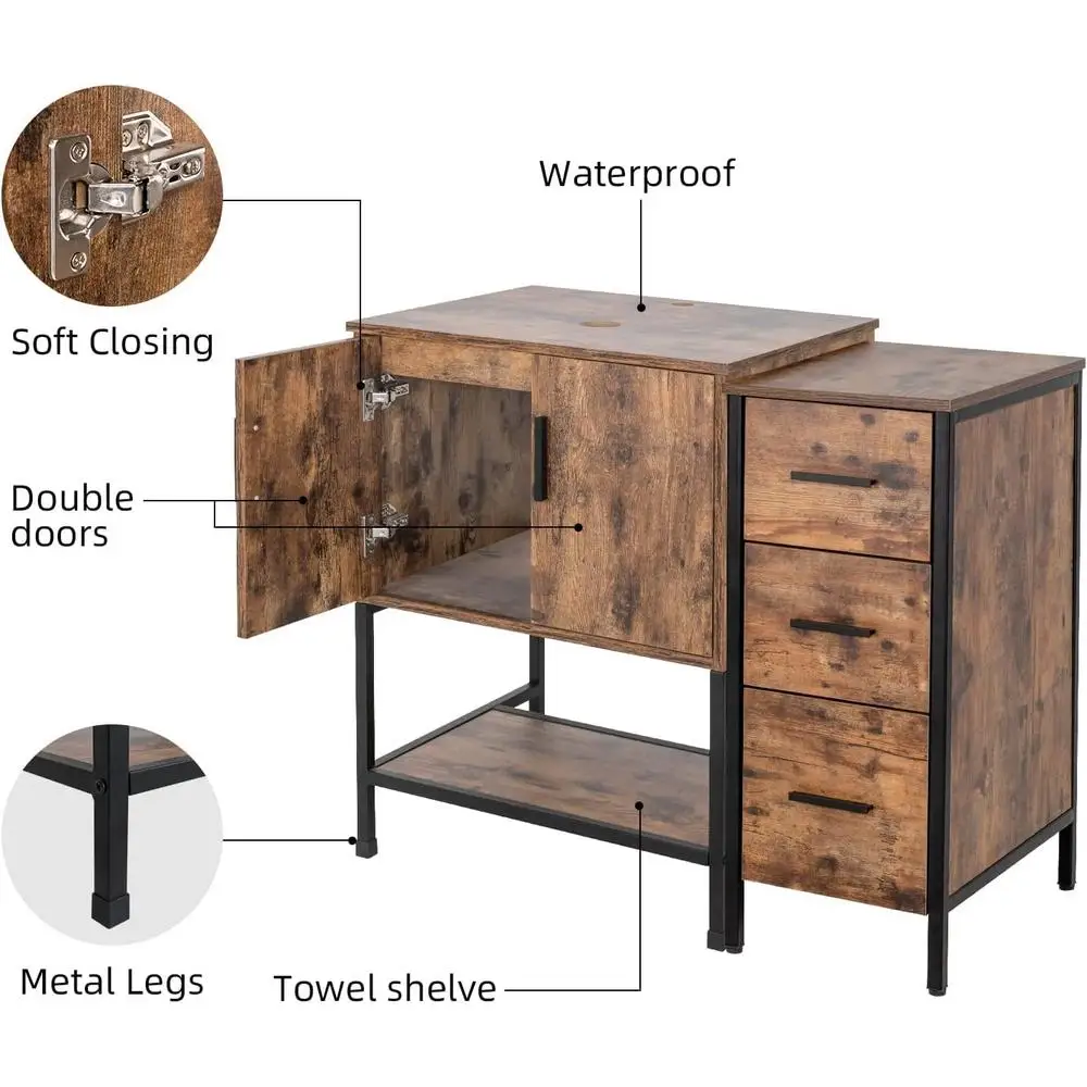 Antique Dark Brown Bathroom Vanity Set with Sink 3 Drawers and Side Cabinet Combo Iron Wood Storage Durable Stylish Design Easy 5