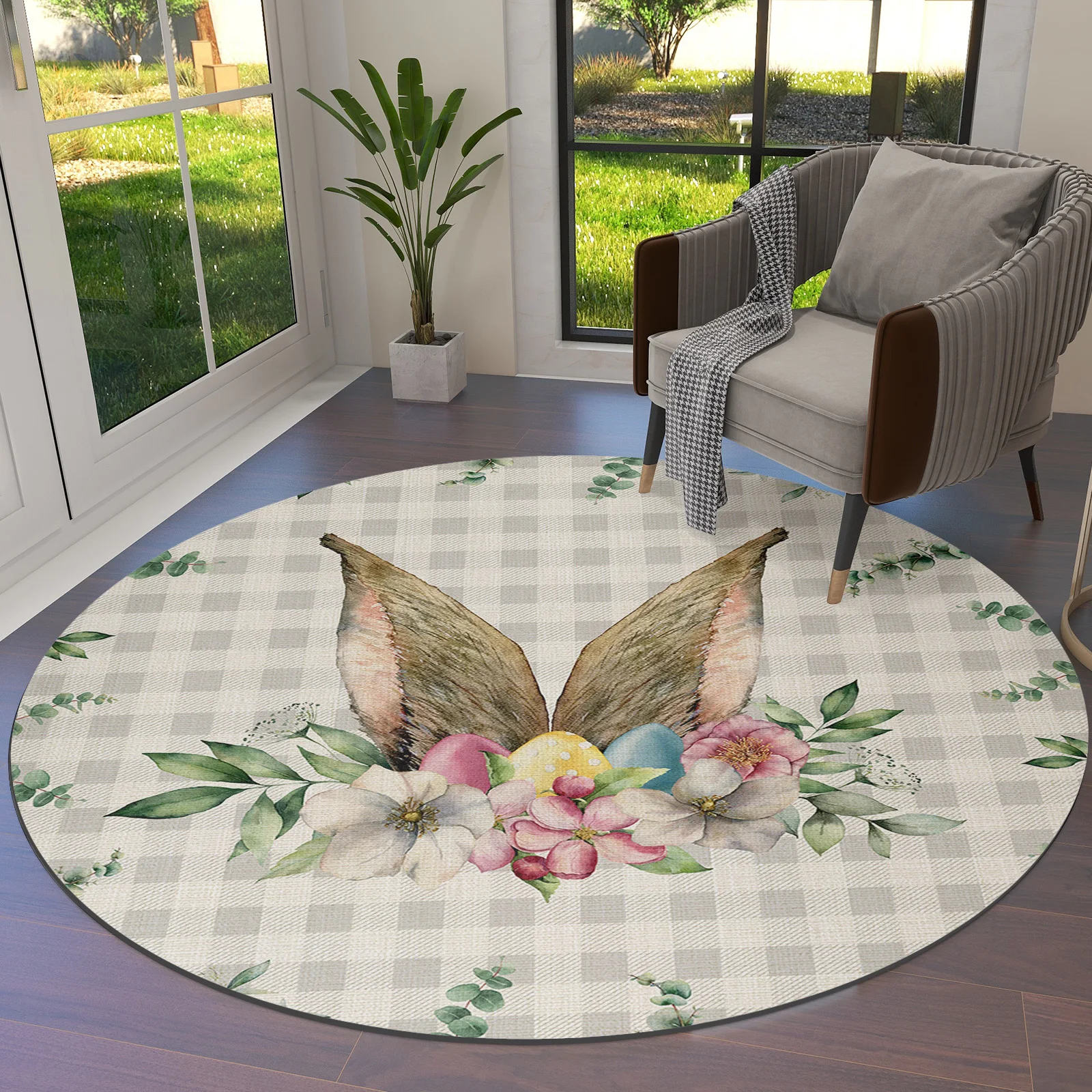 

Easter Flowers Eucalyptus Rabbit Ears Round Area Rug Carpets For Living Room Large Mat Home Bedroom Kid Room Decoration
