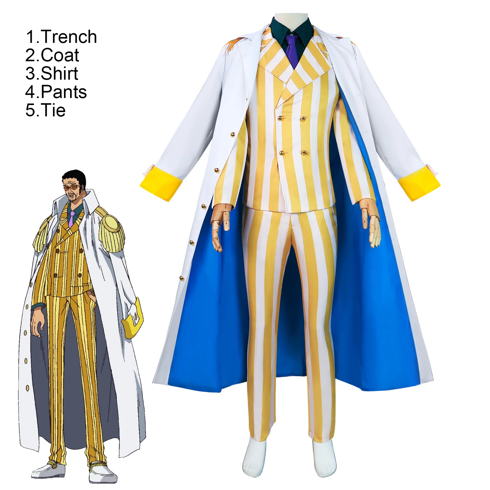 

Anime One Piece Borsalino Cosplay Costume Admiral Kizaru Uniform Suit For Men Trench Coat Shirt Pants Halloween Carnival Costume