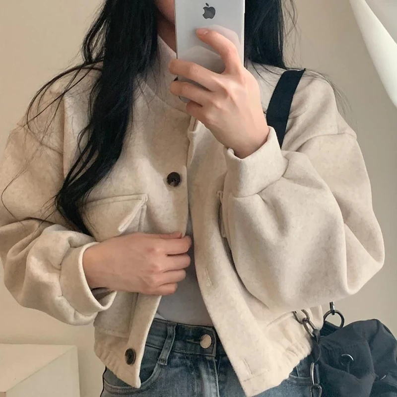 Veste décontractée tendance pour femme, col montant ample, boutonnée, style streetwear, manteau court vintage en imitation laine pour l'automne et l'hiver