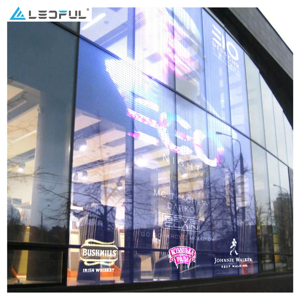 P3.91 P4 P7.81 Urved Curtain Transparent Mesh Film LED Screen Display In Glass Wall