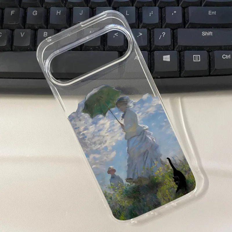 Vintage INS Oil Painting Black Cat & Fish Soft TPU Phone Case