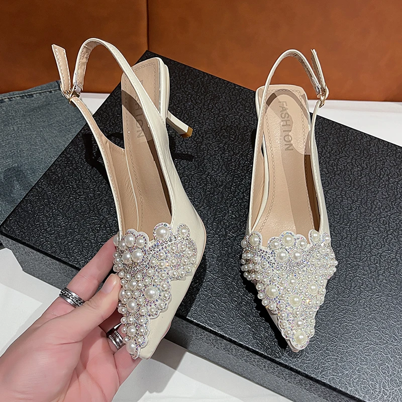 2024 New Summer Womens Pointed Toe High Heels Sandals Sexy Woman Shoes Fashion Pearl Decoration Party Wedding Slingback Woman
