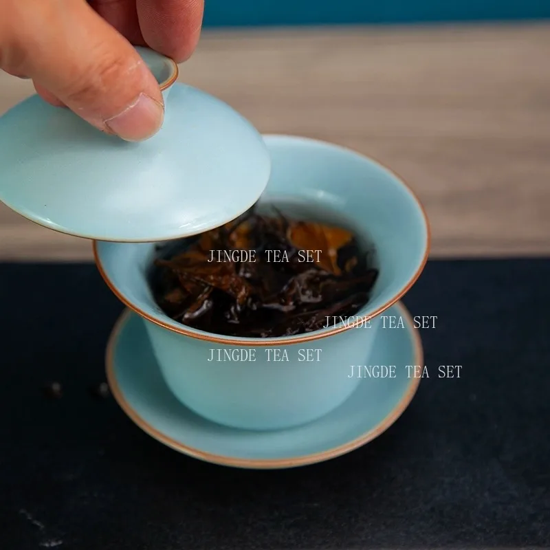 1PCS sky blue exquisite ceramic tea set Handmade gaiwan teacup traditional porcelain tea accessories with covered teacup