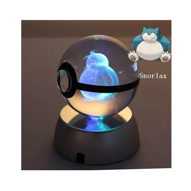 Anime Pokemon 3D Crystal Ball Snorlax Figure Pokeball Engraving Crystal Model with LED Light Base Kids Gift ANIME GIFT 1