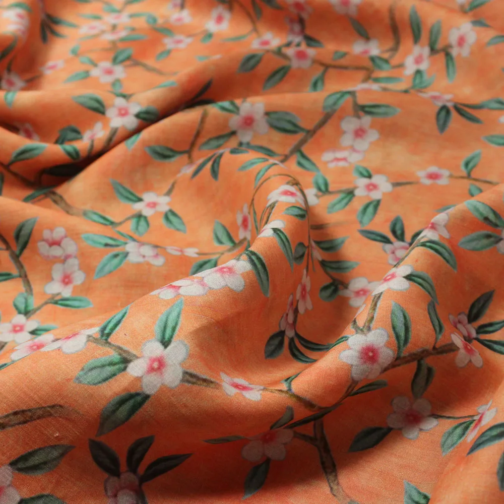 

one meter High end pure ramie tissu White flower print on orange background tela robe skirt shirt cheongsam fabric