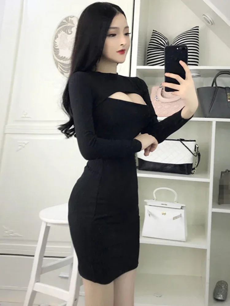 Knitted Dress for Nightclub Bar, Bar Workwear, Long Sleeve, Slim, Wrap Hip, Bodycon, Vintage Fit, Sexy, Autumn, Korea 5