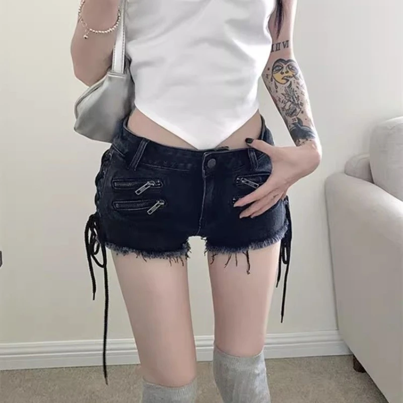 Mini Jeans Women's Zipper Strap Design Tight Fitting Shorts American Street Young Girl Low Rise Ruffled Hot Pants Summer Female