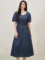 DUSHU Retro Waist-Defining Denim Maxi Dress 2025 Summer Vintage Office Commute Versatile Styling Day-to-Night Transition Dress