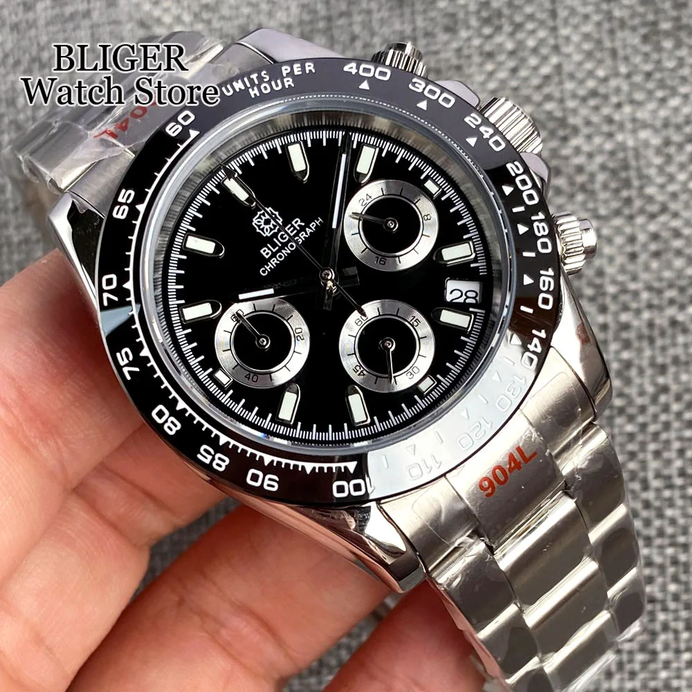Bliger Cronografo 39Mm Orologio Al Quarzo Orologio Da Uomo In Cristallo Zaffiro Movimento Vk63 Quadrante Nero Fibbia Scorrevole Montres Hommes
