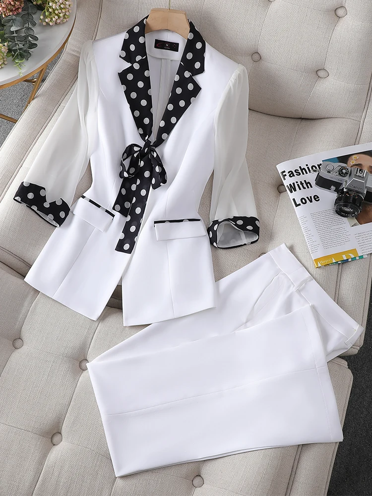 

Elegant Women Pant Suit 2 Piece Set Pink White Black Bow Patchwork Formal Jacket And Trouser Office Lady Work Wear Spring Summer