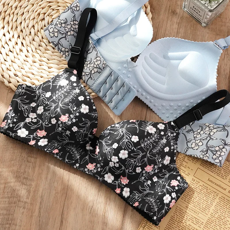 Sexy Lingerie Flower Print Gathered Bras Women Floral Push Up