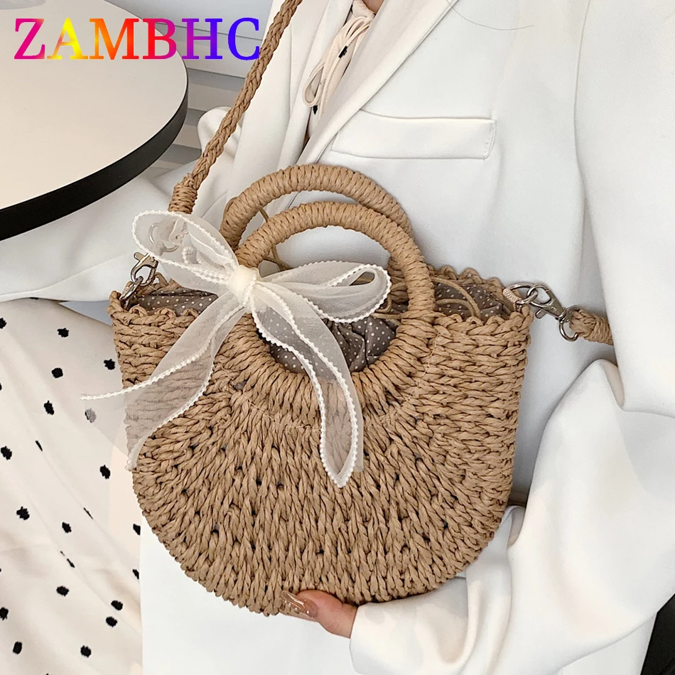 

Vintage Summer Handmade Bags for Women Weave Ladies Straw Beach Handbags Elegant Ribbons Shoulder Crossbody Bag Luxury Totes New