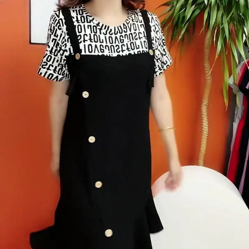 

Fake Two Pieces Patchwork Midi Dress Summer Casual Loose Fashion Folds Women's Clothing Basic Letter Printed Suspender Dresses