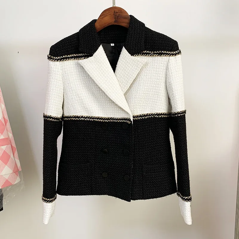 

In stock Fall/Winter 2023 new star style small fragrance coat double-breasted color-block wool jacket suit