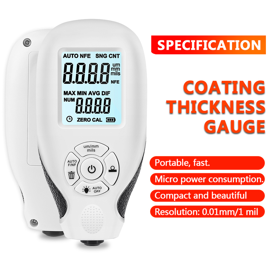 Thickness Meter Calibration Function 0.01mm 1mil Digital Coating Thickness Gauge For Car Automotive With Backlight LCD Display