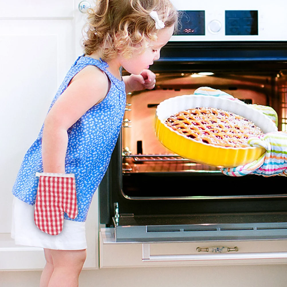 

4 Pcs Red Plaid Gloves Oven Mitts Baking Supplies Protection Mitten Cooking Polyester Child Childrens