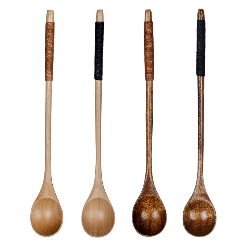 6PcsWoodenTeaSpoonLongCoffeeSpoonsSmallTeaspoonSetWoodHoney