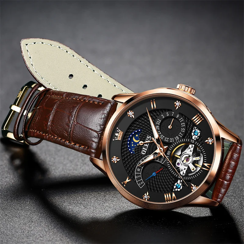 OLEVS Men Watches Top Brand Luxury Leather Tourbillon Mechanical Sport Watch For Men Fashion Date Waterproof Clock Reloj Hombre