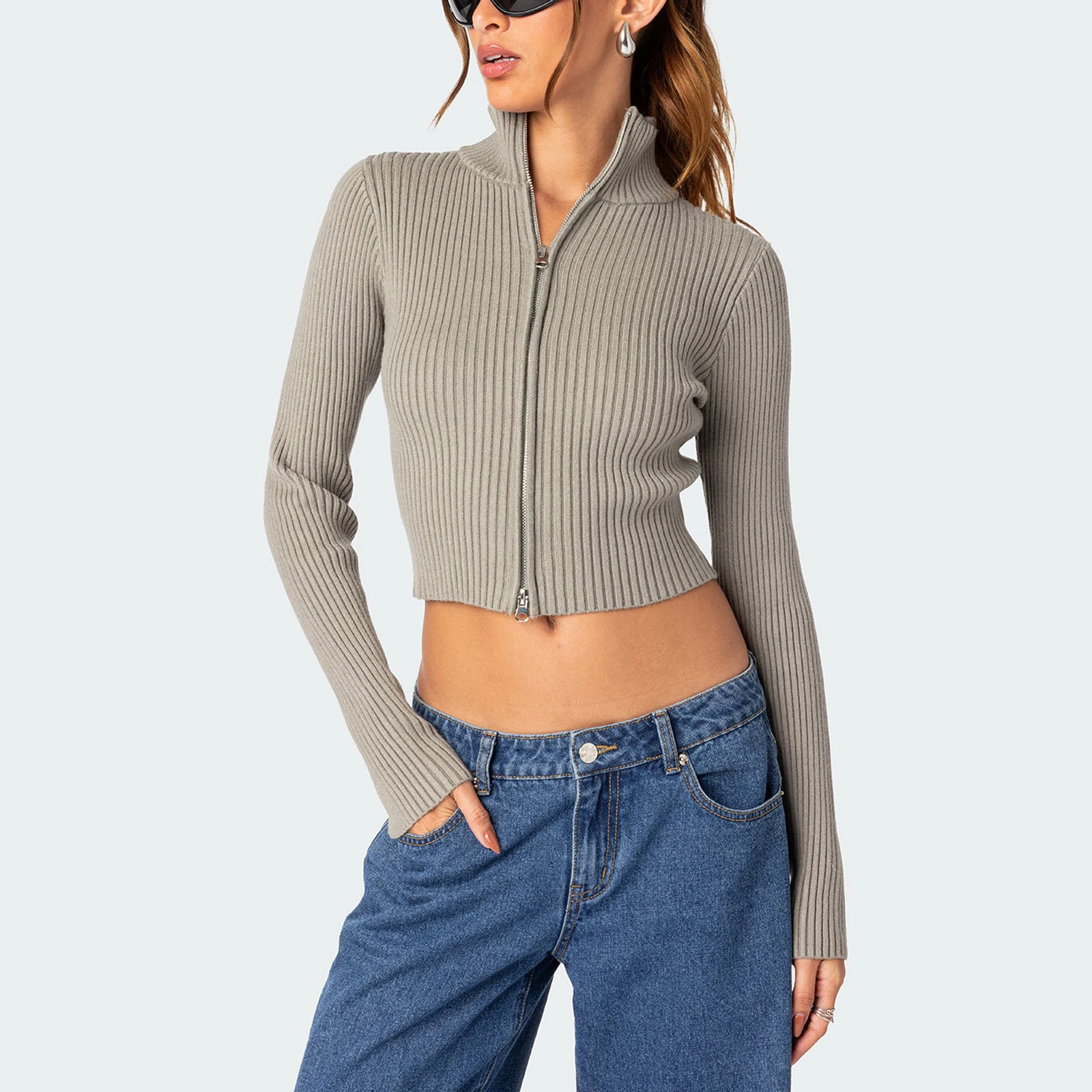 

Женский винтажный облегающий Укороченный трикотажный свитер, однотонные джемперы с длинным рукавом и молнией, джемперы с блестящим воротником, уличная одежда