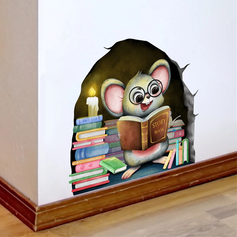 20*20cm Mouse Reading Wall Stickers Funny Mouse Hole Wallpaper for Kids