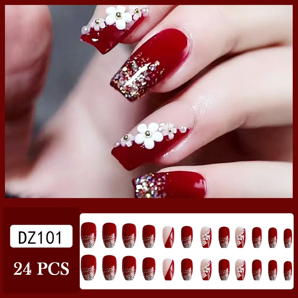 Lbwmqe 24/Box 3D Glitter Nail Tips Red Bride False Nails Shinning Rhinestone Fake Nail Tips Wedding Party Nail Decoration