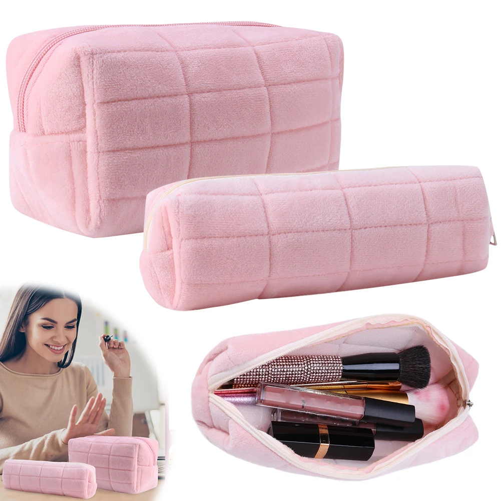 Plush Makeup Bag Cosmetic Organizer Bag Large Capacity with Pen Bag Cosmetic Holder Bag Aesthetic Zip Closure Outdoor Travel Bag