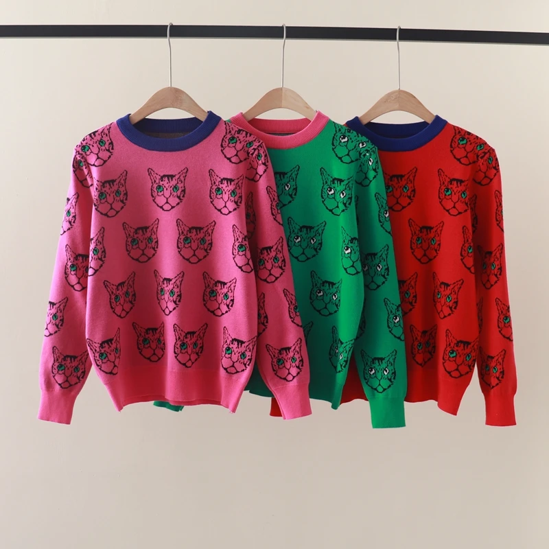 

Autumn and winter G-family full body cat avatar jacquard round neck long sleeved knitted sweater versatile and slimming base swe