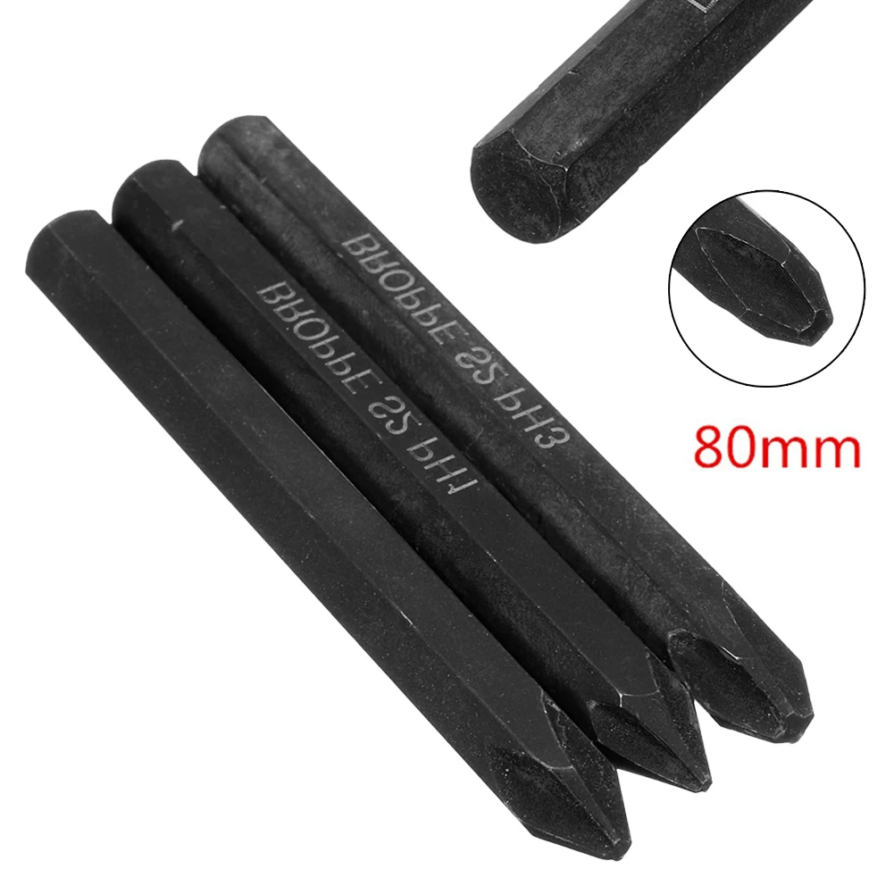 

80mm Hex Shank Cross Impact Electric Screwdriver Bits Set PH1 PH2 PH3 3pcs Alloy Steel Screwdriver Bits Power Tool Parts