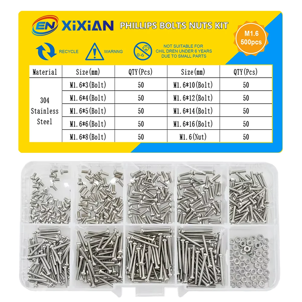 Stainless Steel Screws Screw Bolt Nut Set Screw Washer Nut Kit Small Screws Stainless Steel Glasses Watch Screw Nuts Set M1 M1.2 M1.4 M1.6 Phillips Cross Round Head Motherboard PCB Bolts Kit