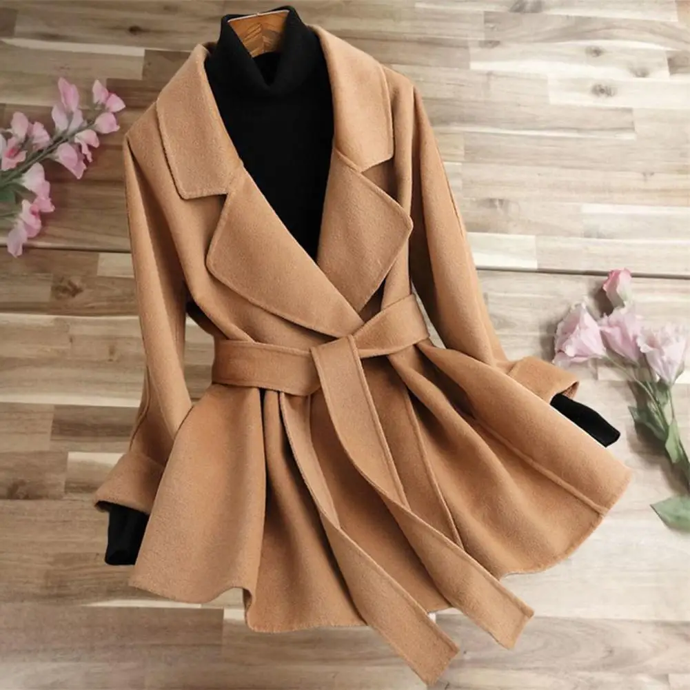 

Women Windproof Coat Women Full Placket Coat Thick Warm Cardigan Stylish Lace-up Belted Overcoat for Women Mid-length Slim Fit