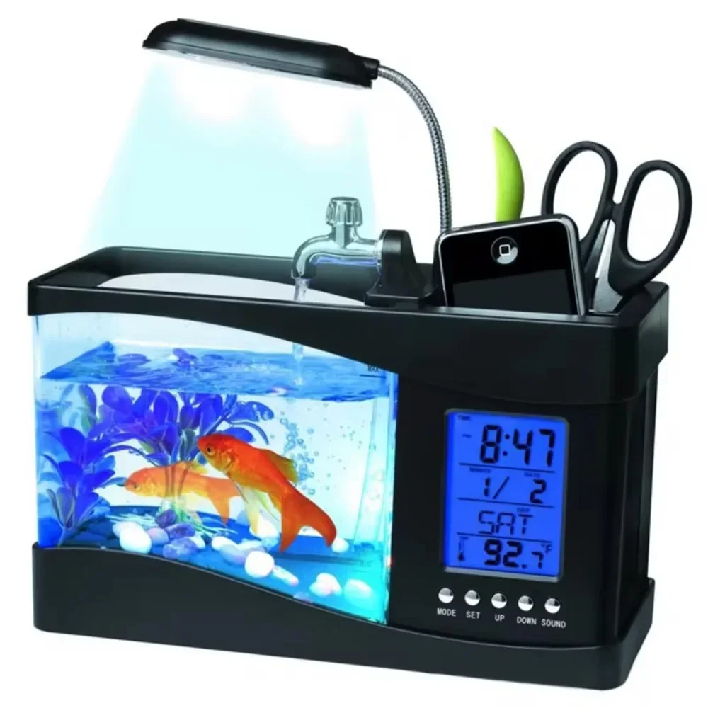 Aquarium Mini Fish Tank with Water Running Pump, Calendar Clock Light, Pen Holder Function,Rechargeable Desktop