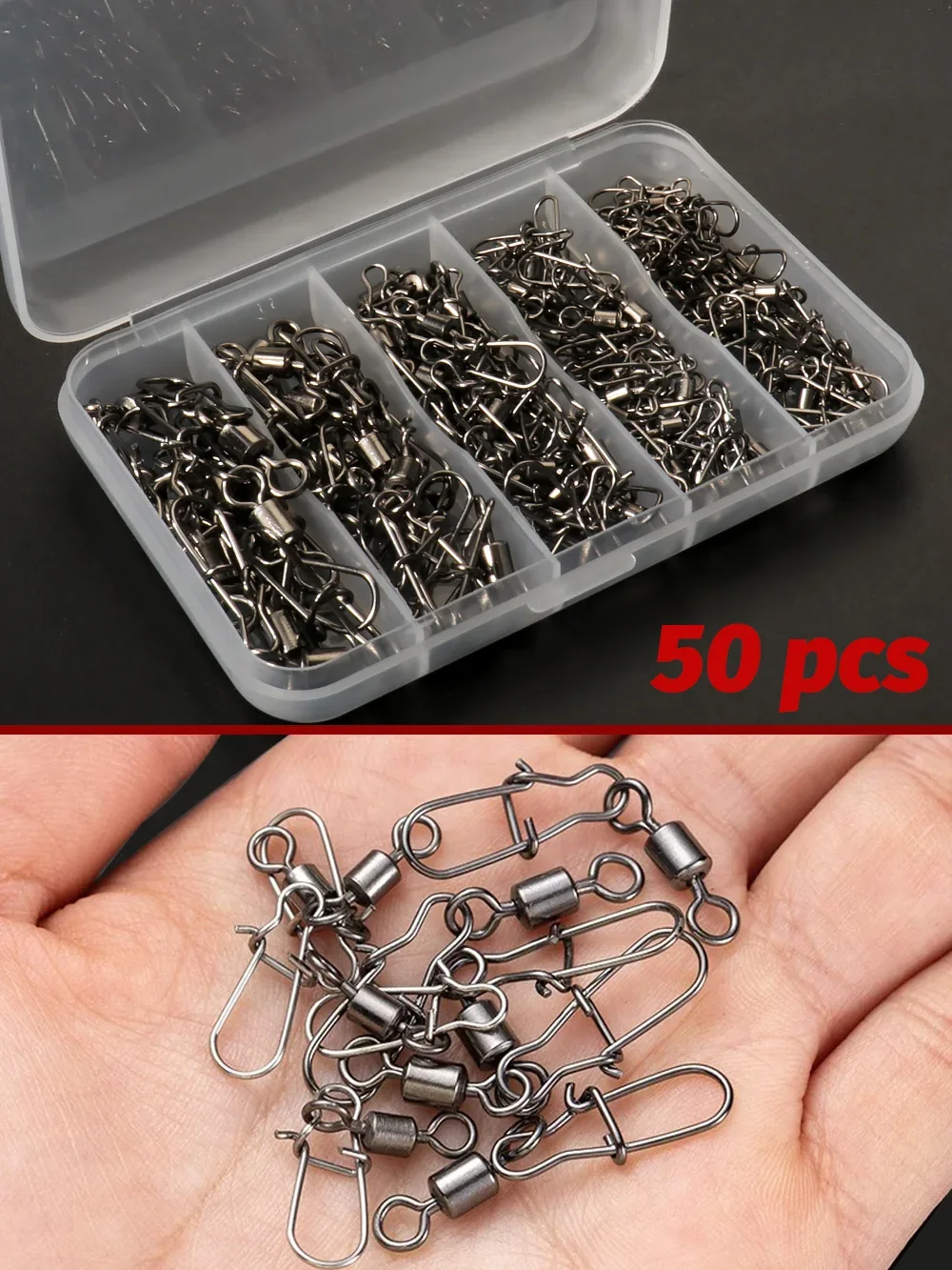 50 stücke Swivel Snap Connector Pin Lager Rollen 360 Drehen Ring Tackle Schnalle Haken Locken Kit Draht Box Angeln Zubehör – Detail 3
