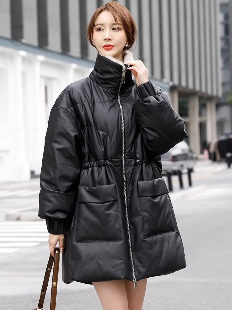 

Leather jacket ,Women Winter Genuine Leather Down Coat Fashion Fur Collar Middle Long Sheepskin Coat Loose Fit High Street C2024