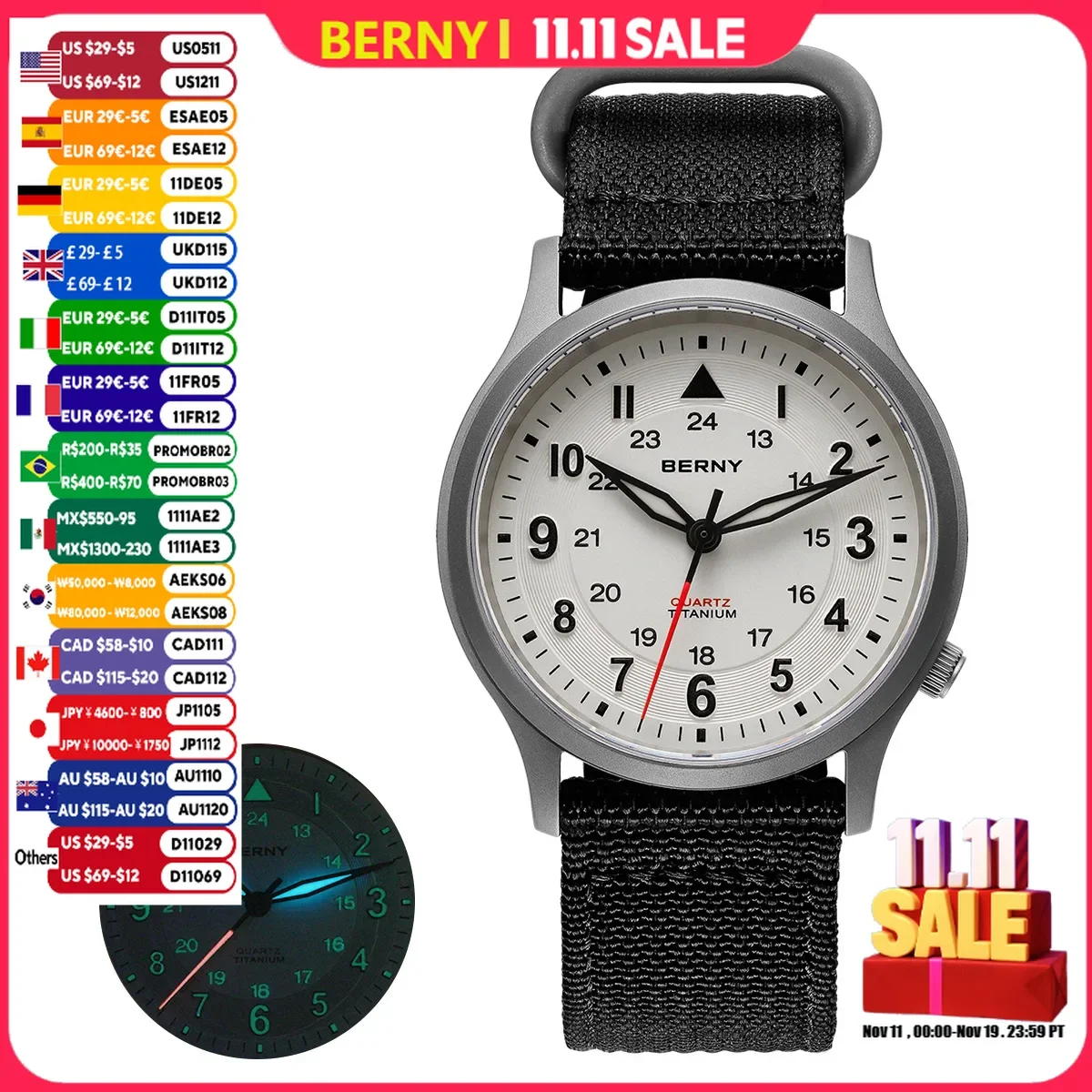 BERNY チタン腕時計男性用クラシックメンズフィールドパイロット