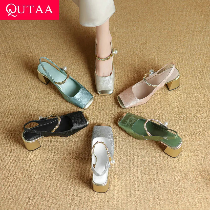 

QUTAA 2024 Fashion Women High Heel Sandals Genuine Leather Square Toe Buckles Party Wedding Shoes Woman Elegant Pumps Size 34-43