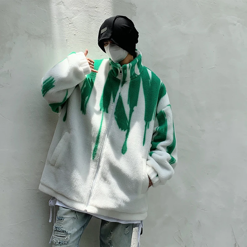 

Winter Poly Fleece Soft Coat Gothic Street Punk Letter Pattern Parka Warm Jackets Men Loose Turtleneck Zipper Jackets Harajuku