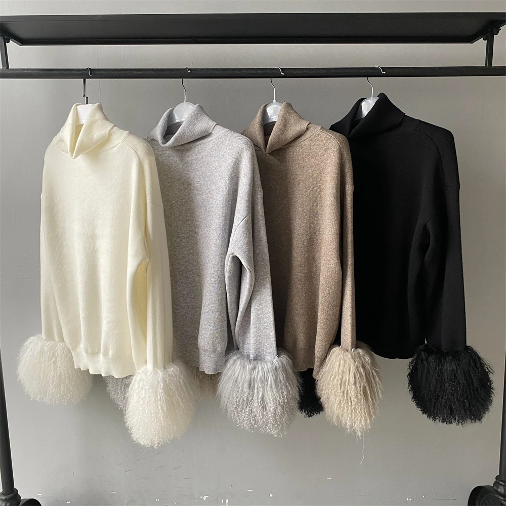 Loose fit turtleneck sweater and pants set model walking