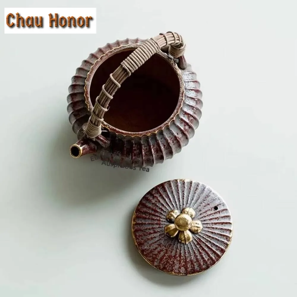 460ml Old Rock Mud Rust Red Teapot Handmade Vine Weaving Pot Chrysanthemum Petal Teapot Zen Tea Soaking Kettle Tea Services Gift
