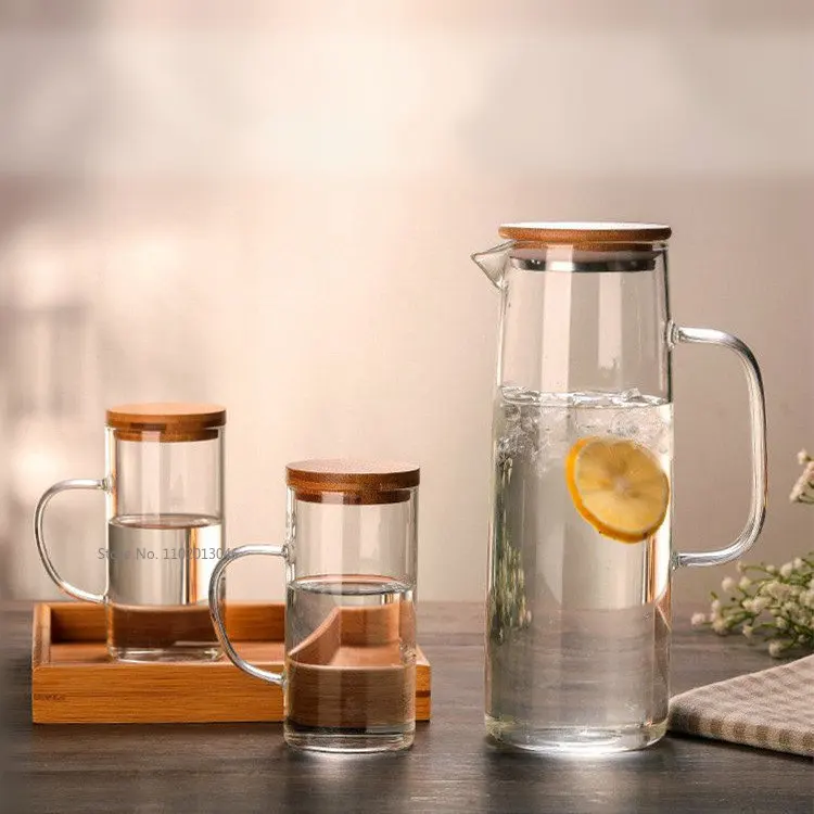 1500ml Glass Pitcher with Bamboo Wooden Lid Cover Glass Water Pitcher Drinkware for Home Kitchen Dining & Bar
