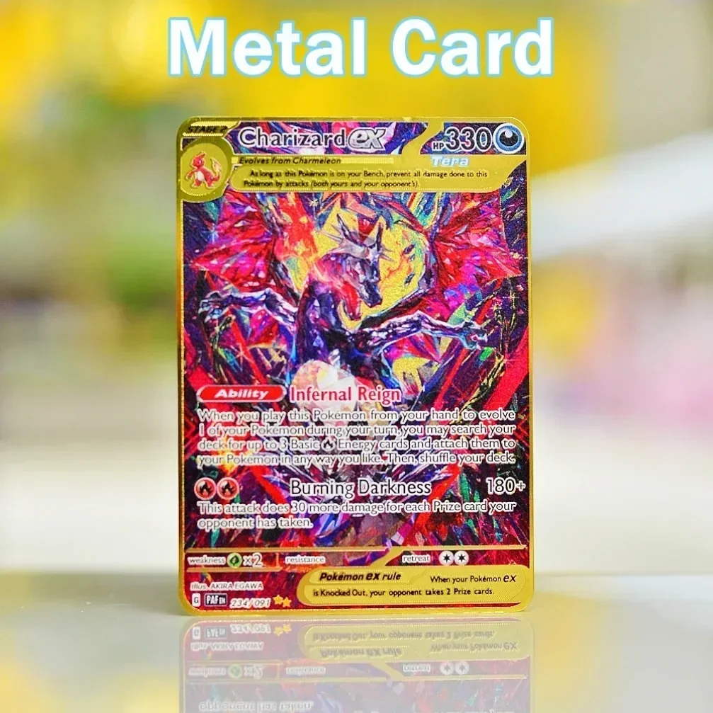 Pokemon Cards Metal Gold Iron Playing Cards Gengar Vmax Rayquaza Charizard Pikachu Vstar Anime Game Gift Kid Toys