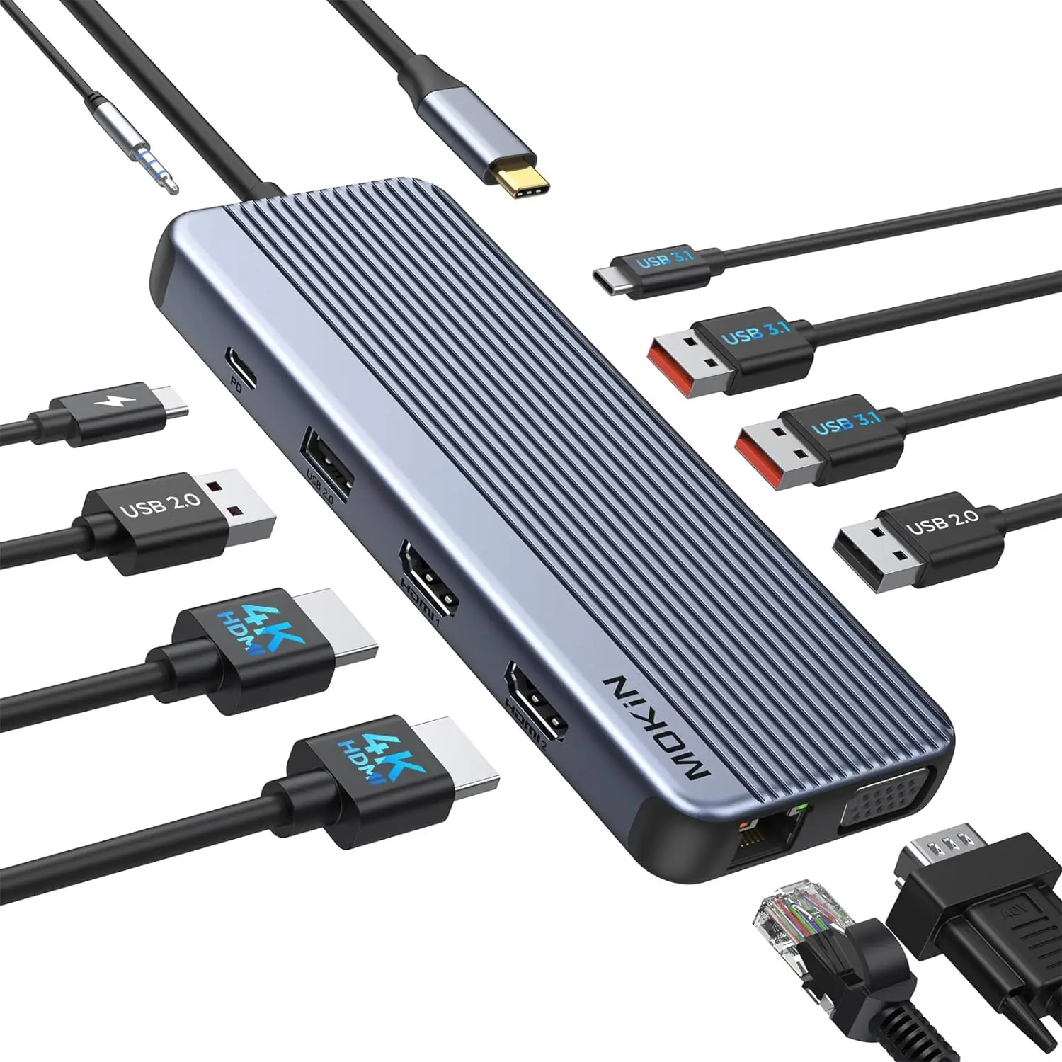 MOKiN USB Hub Type C محول العرض الثلاثي 4K HDMI 10Gbps USB 3.1 VGA RJ45 100W PD محطة إرساء الشحن لأجهزة الكمبيوتر المحمولة