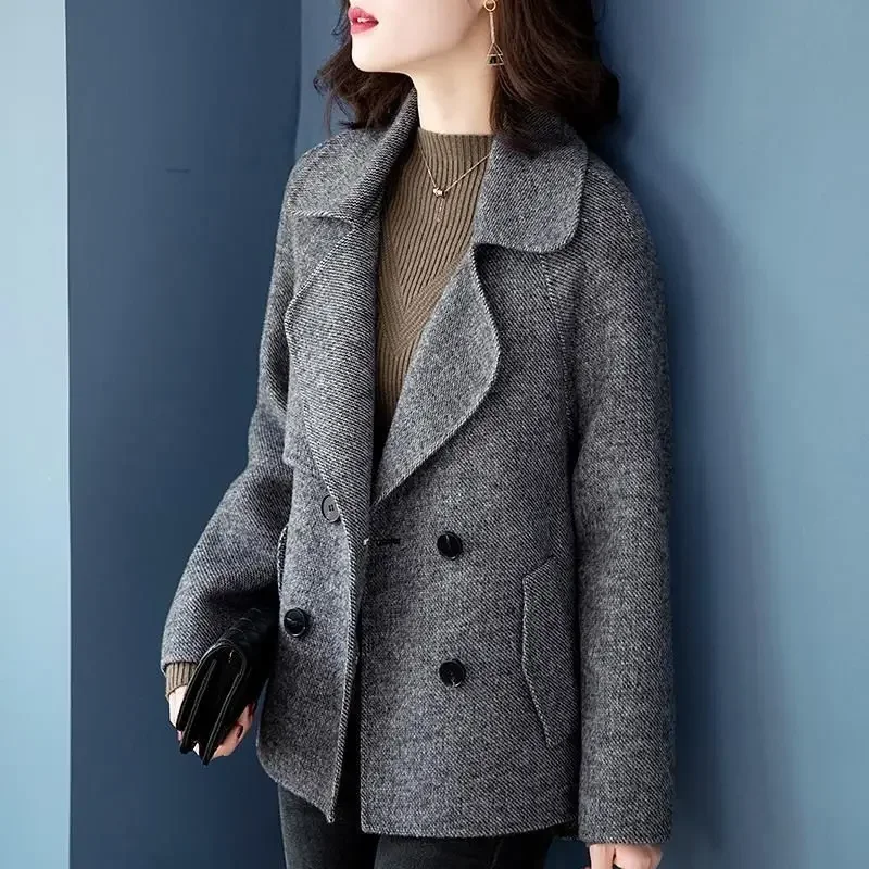 Blazer Wool Blend Coat for Women Half Short Double Breasted Trendy Long Sleeve Mixtures Jacket Woman Cheap Outerwears New In Hot - 6
