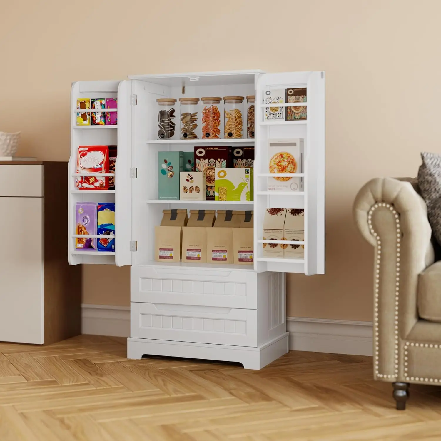 47" Kitchen Pantry Storage Cabinet with Drawers Freestanding Bathroom Storage Cabinets with Doors and Shelves, Small Food