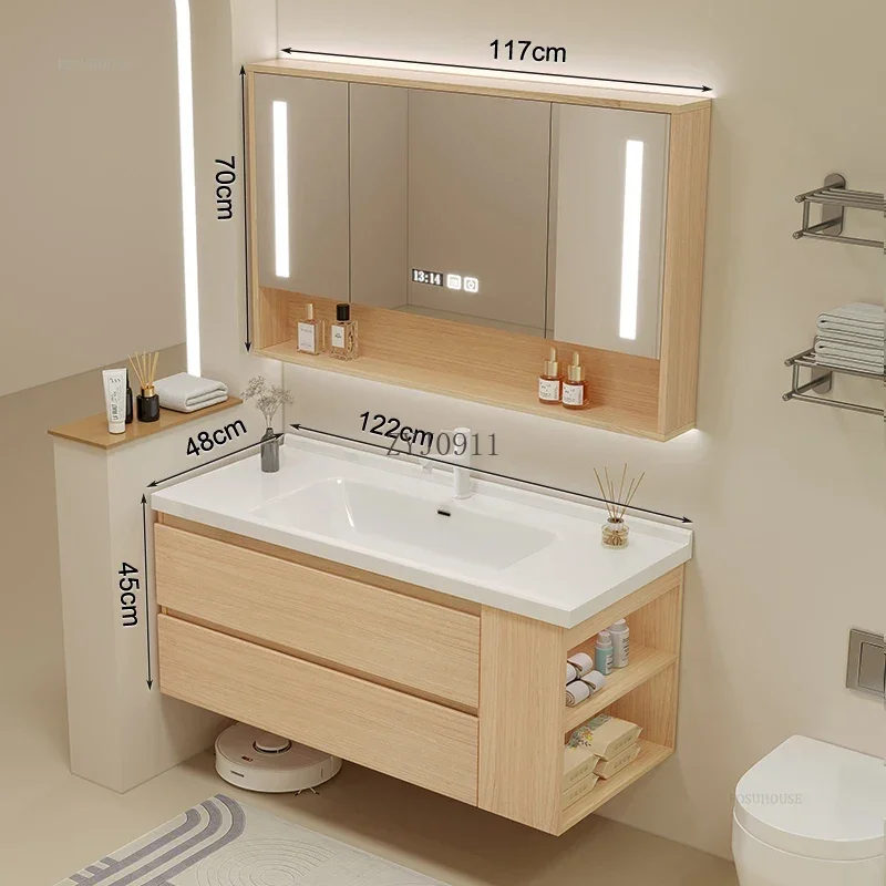 Nordic Bathroom Sink Cabinet Modern Home Furniture Smart Ceramic Integrated Washbasin Mirror Cabinets Combination b