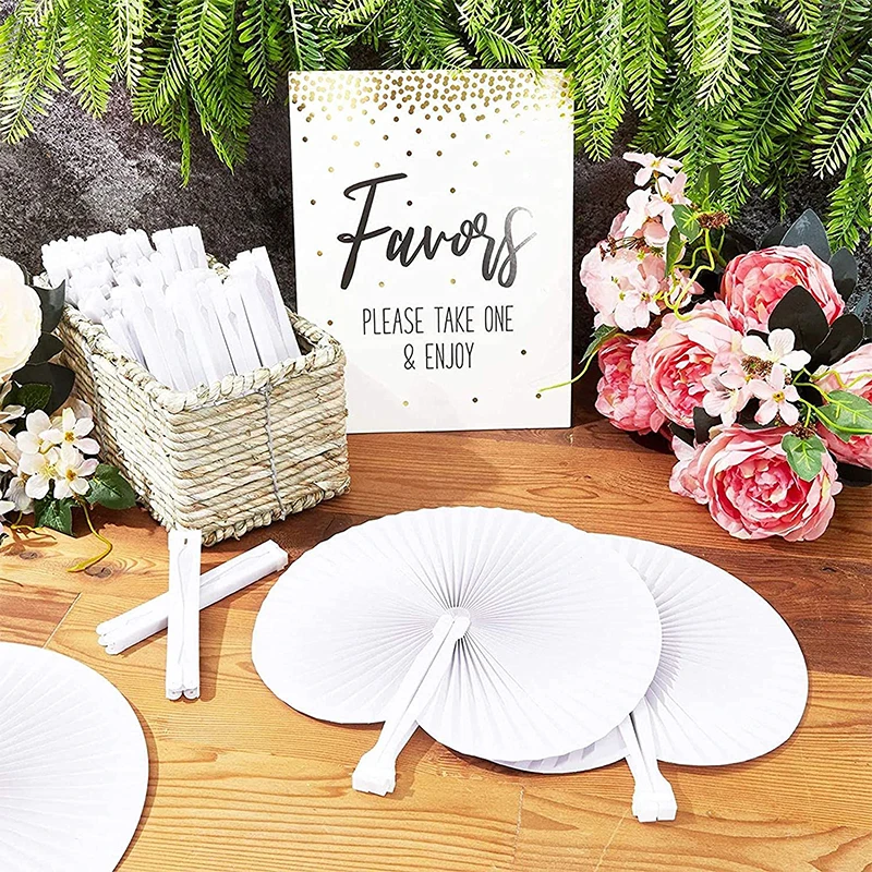 12/30/50/100Pcs White Paper Folding Fans Heart-Shaped Round Fans 
