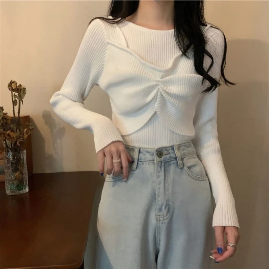 

White Korea Japan Pullover Girl Woman Women Sweater Sexy O Neck Knit Tops Tight Women's Sweaters Top Coat Cloth Suétere